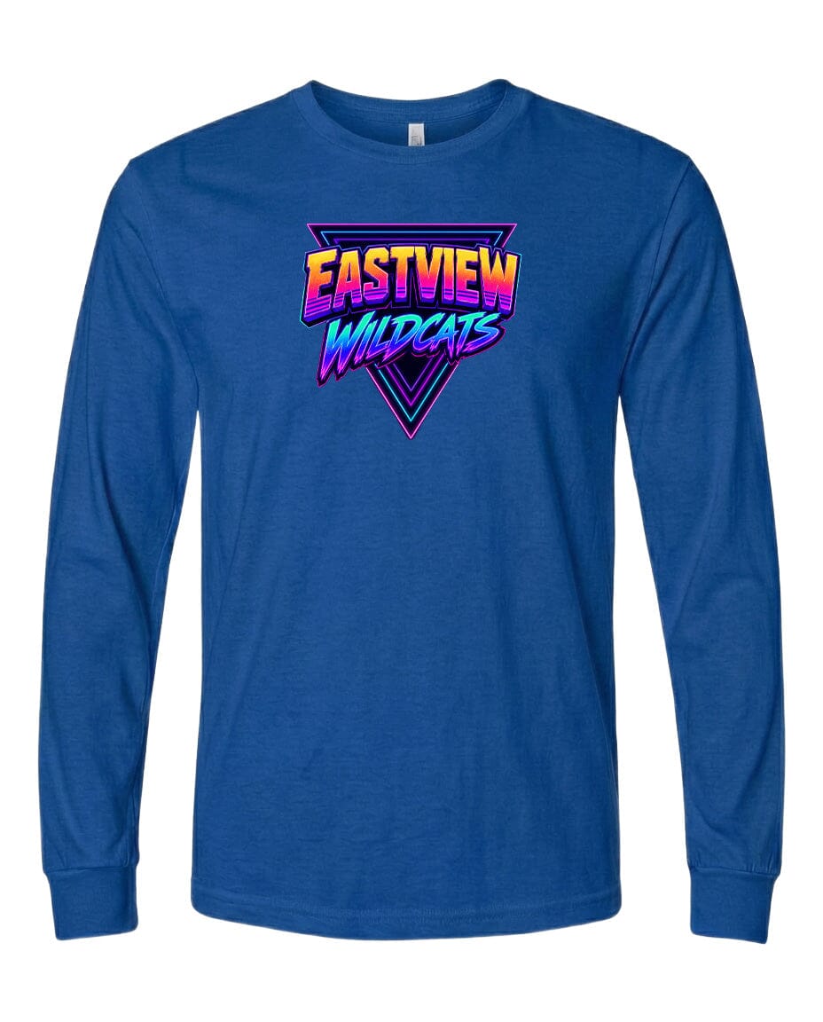 A blue long-sleeved t-shirt with a graphic design featuring the text "EASTVIEW WILDCATS" in a colorful, retro-style font.