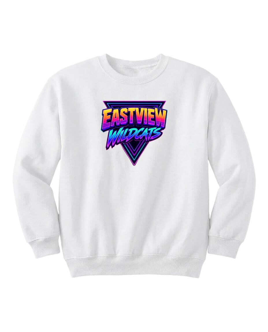 A white sweatshirt with a graphic design featuring the text "EASTVIEW WILDCATS" in a colorful, retro-style font.