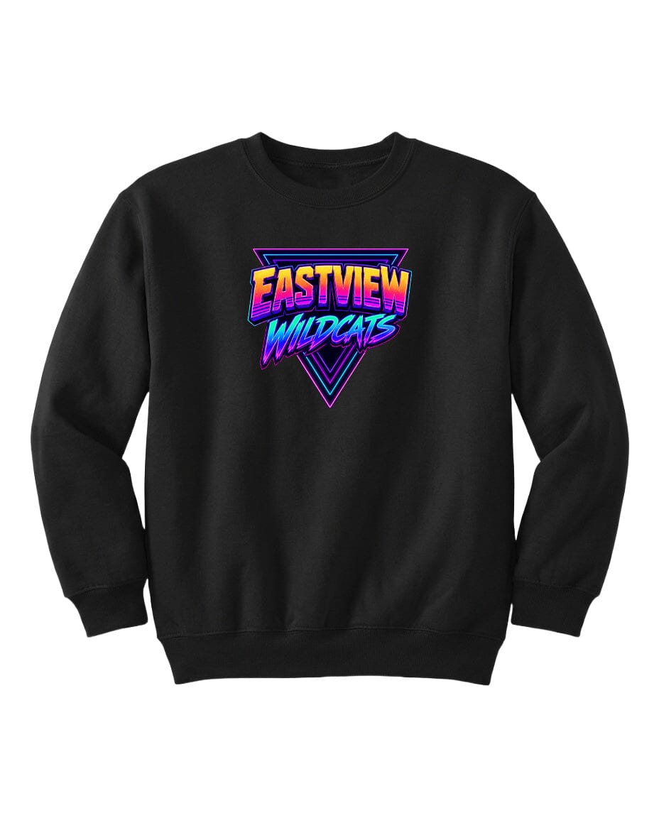 A black sweatshirt with a colorful graphic design on the front.