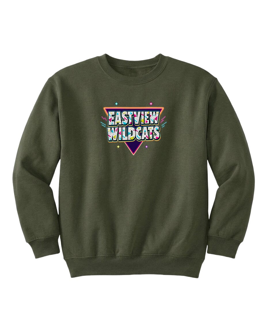 A dark green sweatshirt with a colorful graphic design on the front.