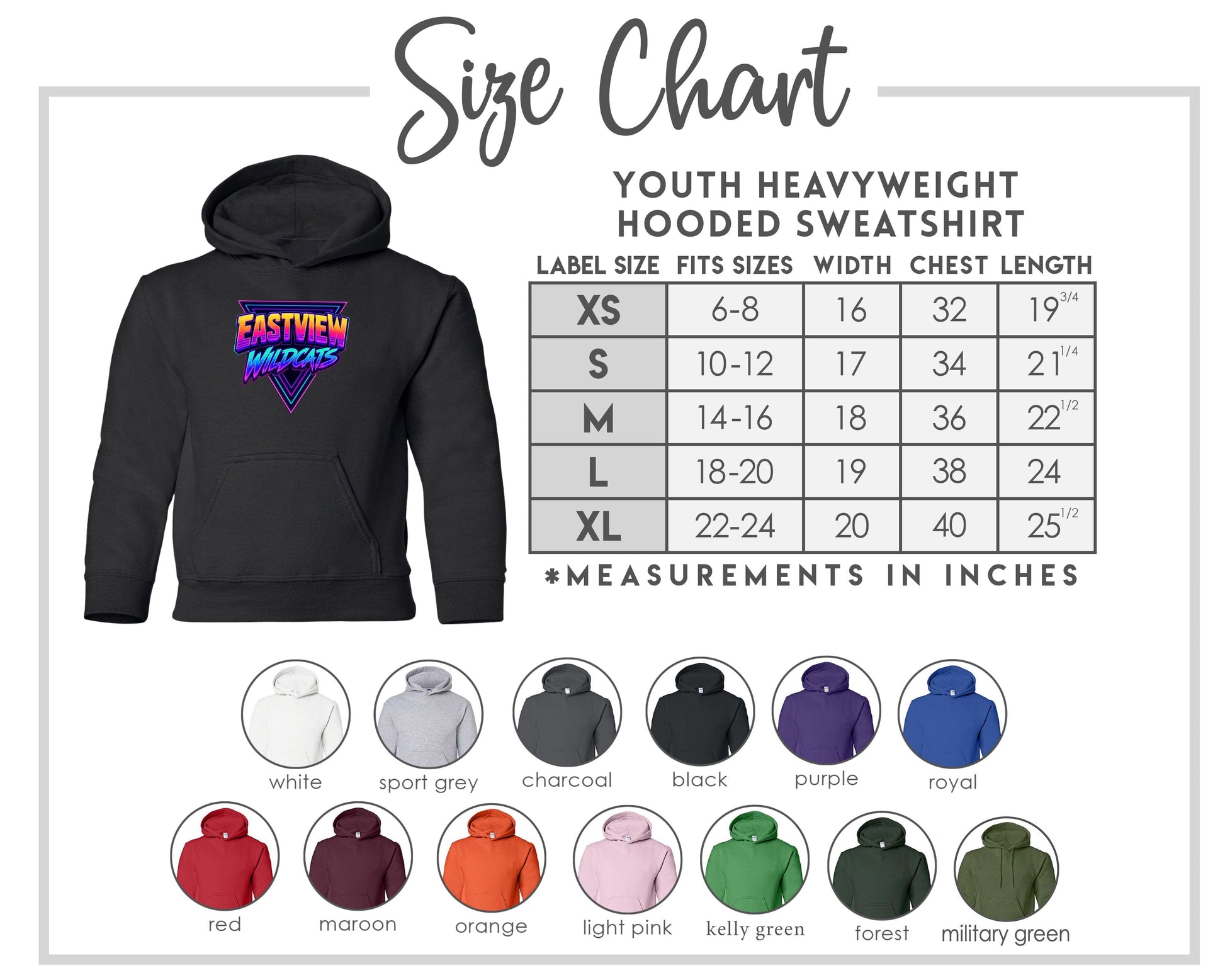 The image is a size chart for a youth heavyweight hooded sweatshirt. It includes a black hooded sweatshirt with a colorful graphic on the front, along with a table of size measurements and corresponding color options.