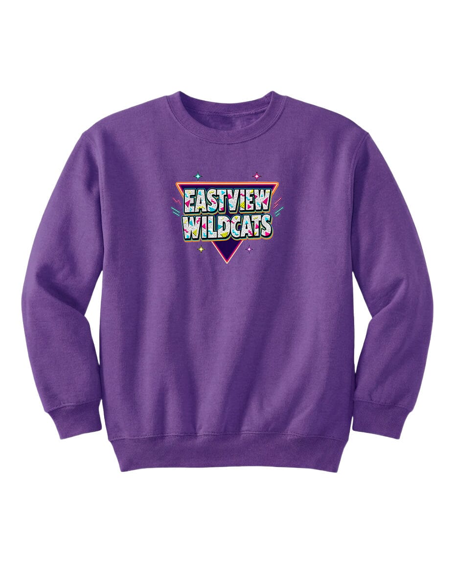 A purple sweatshirt with a colorful graphic design on the front.