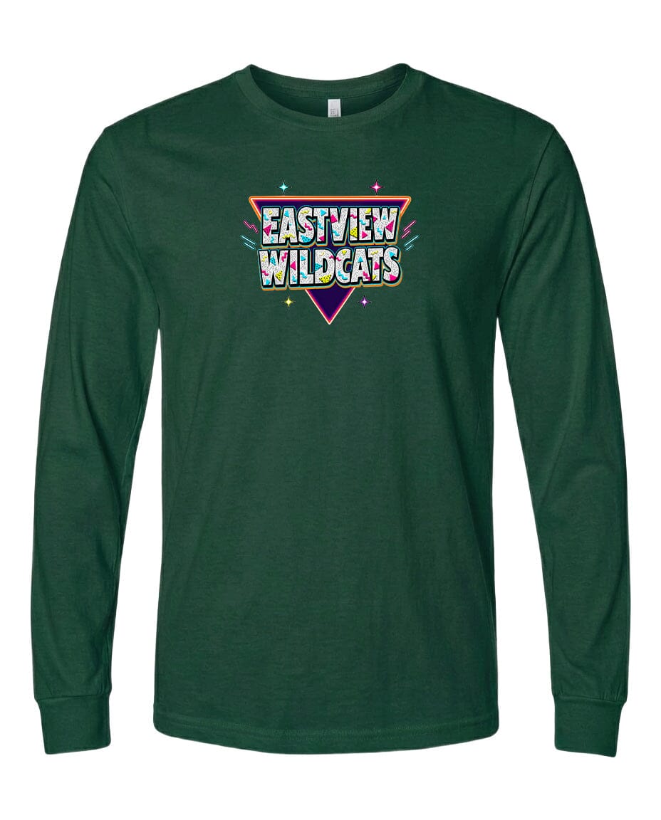 A long-sleeved green t-shirt with a colorful graphic design on the front.