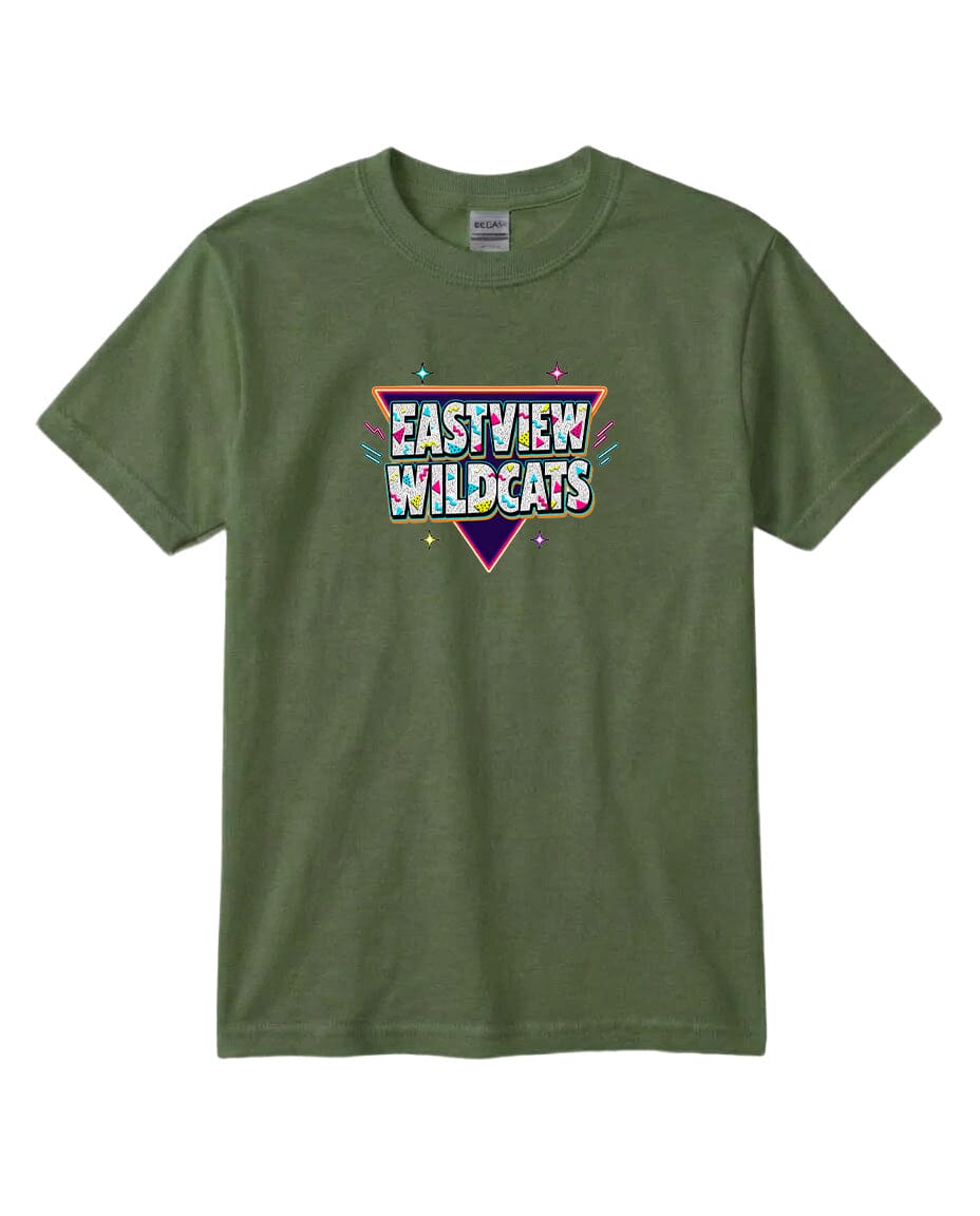 A green t-shirt with a colorful graphic design featuring the text "EASYVIEW WILDCATS" in a retro style.
