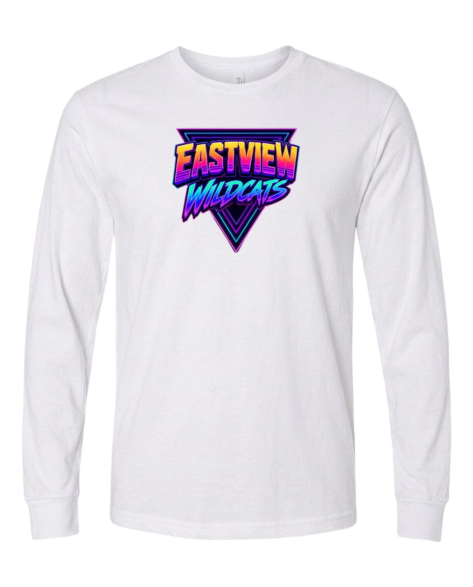 A white long-sleeved t-shirt with a graphic design featuring the text "EASTVIEW WILDCATS" in a colorful, retro-style font.