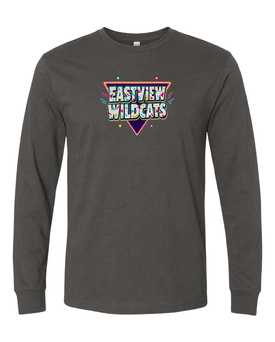A gray long-sleeved t-shirt with a colorful graphic design featuring the text "EASTVIEW WILDCATS" in a stylized font.