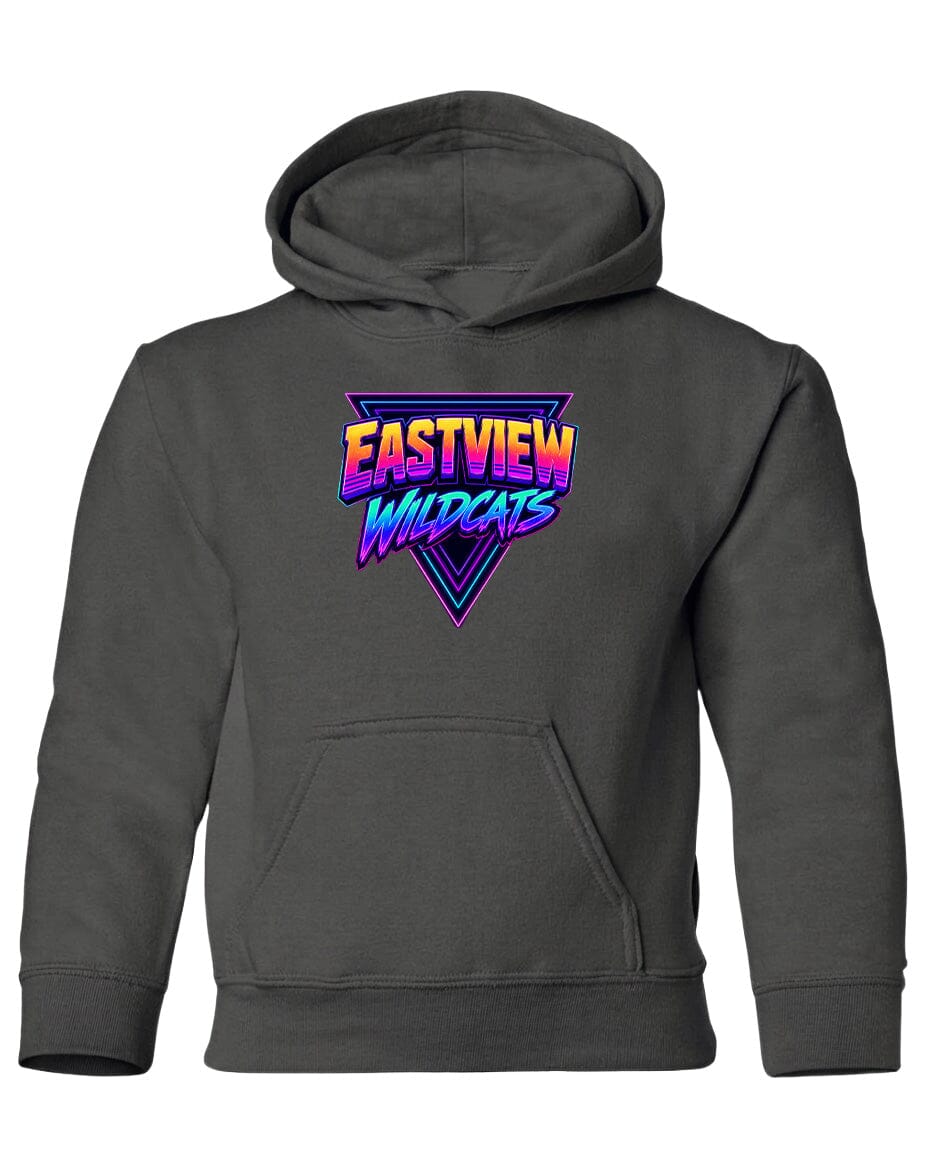 A gray hoodie with a graphic design featuring the text "EASTVIEW WILDCATS" in a colorful, retro-style font.