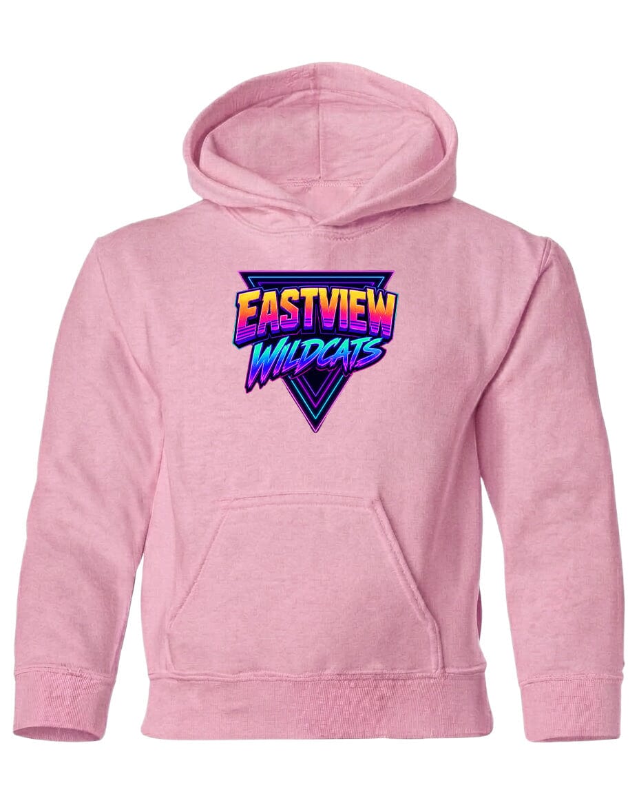 A pink hoodie with a graphic design featuring the text "EASTVIEW WILDCATS" in a colorful, retro-style font.