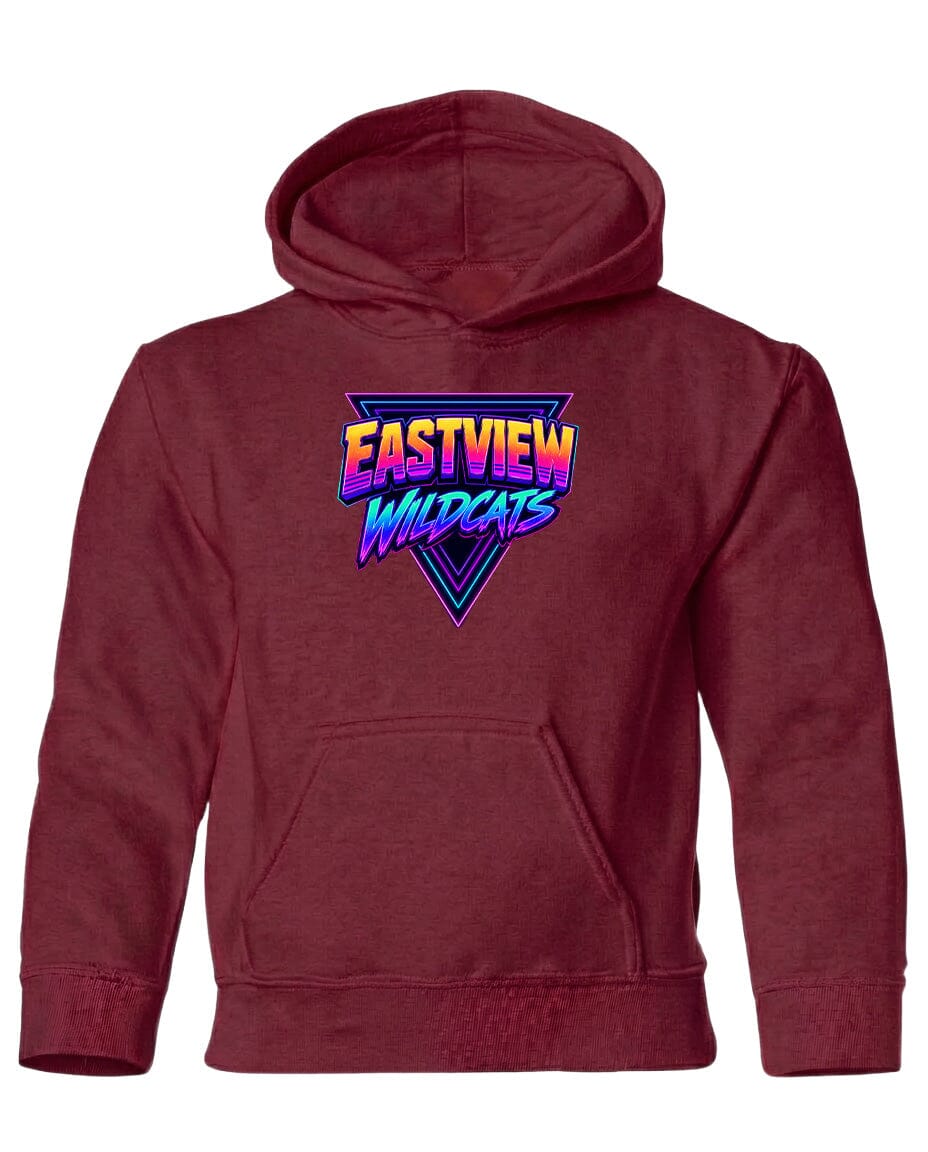 A burgundy-colored hoodie with a graphic design on the front.