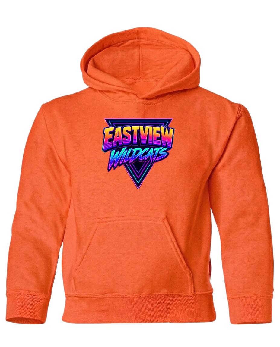 An orange hoodie with a graphic design on the front.