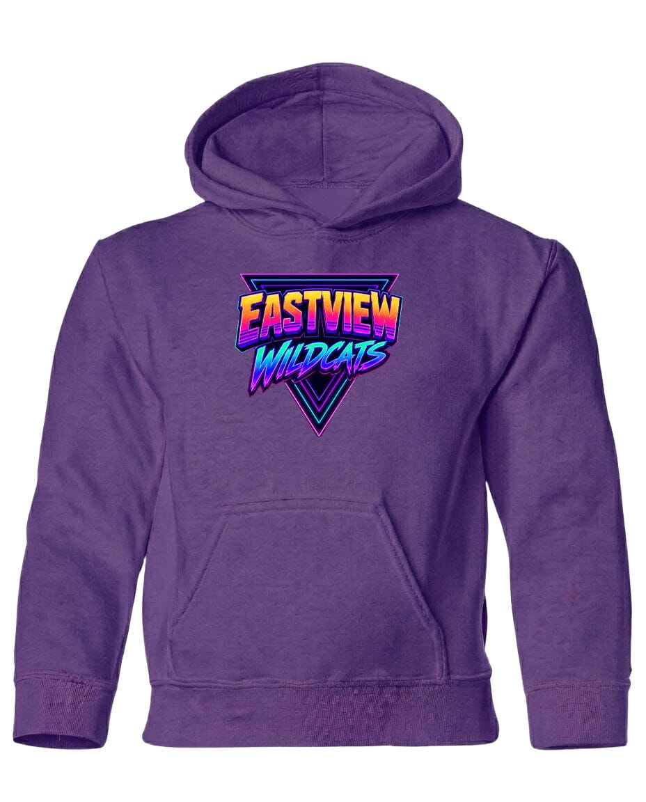 A purple hoodie with a graphic design featuring the text "EASTVIEW WILDCATS" in a colorful, retro-style font.