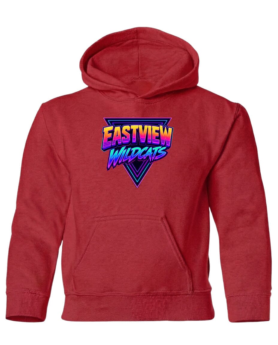 A red hoodie with a graphic design on the front.