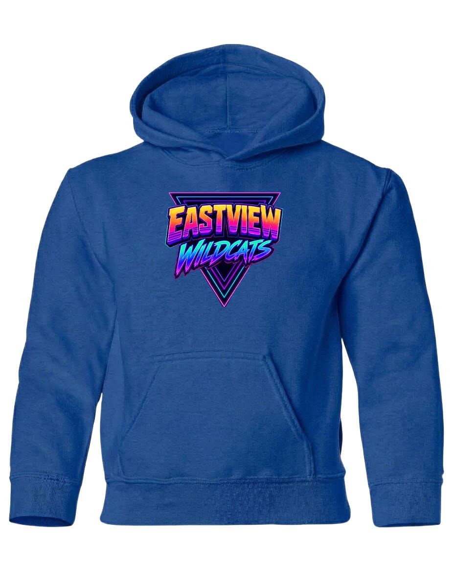A blue hoodie with a graphic design on the front.