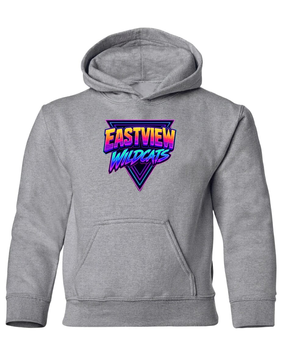 A gray hoodie with a graphic design featuring the text "EASTVIEW WILDCATS" in a colorful, retro-style font.