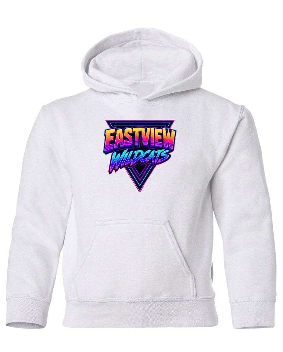 A white hoodie with a graphic design featuring the text "EASTVIEW WILDCATS" in a colorful, retro-style font.