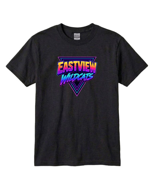 A black t-shirt with a graphic design featuring the text "EASTVIEW WILDCATS" in a colorful, neon-like font.
