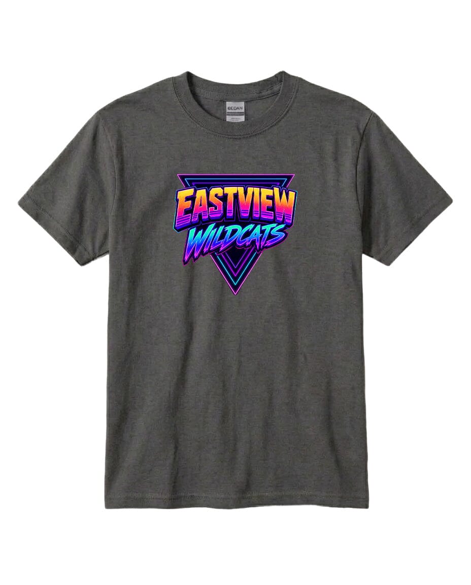 A gray t-shirt with a graphic design featuring the text "EASTVIEW WILDCATS" in a colorful, neon-like font.