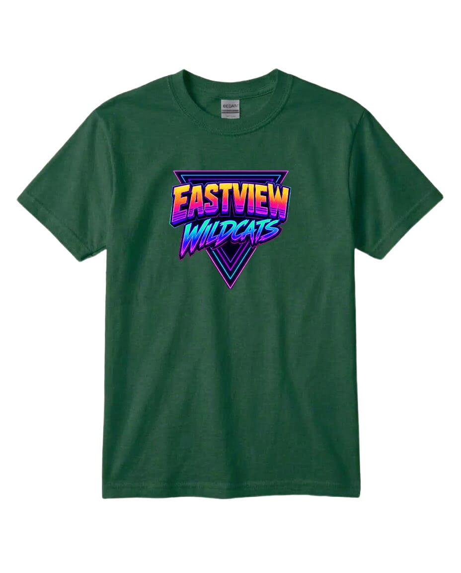 A green t-shirt with a graphic design featuring the text "EASTVIEW WILDCATS" in a colorful, retro-style font.