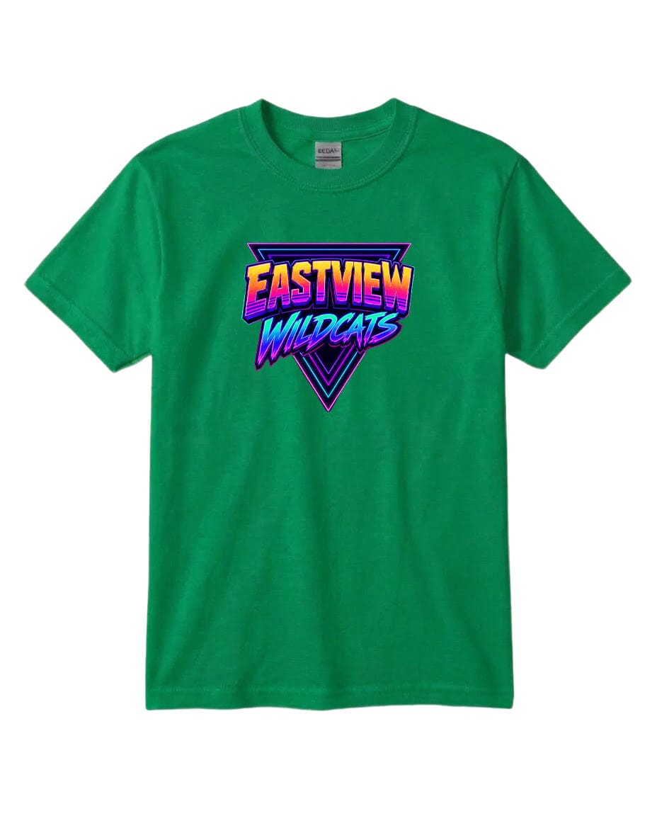 A green t-shirt with a graphic design featuring the text "EASTVIEW WILDCATS" in a stylized font.