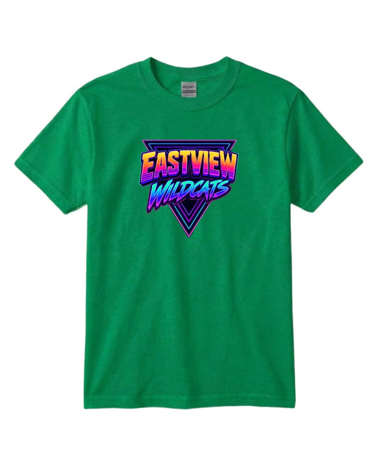 A green t-shirt with a graphic design featuring the text "EASTVIEW WILDCATS" in a stylized font.