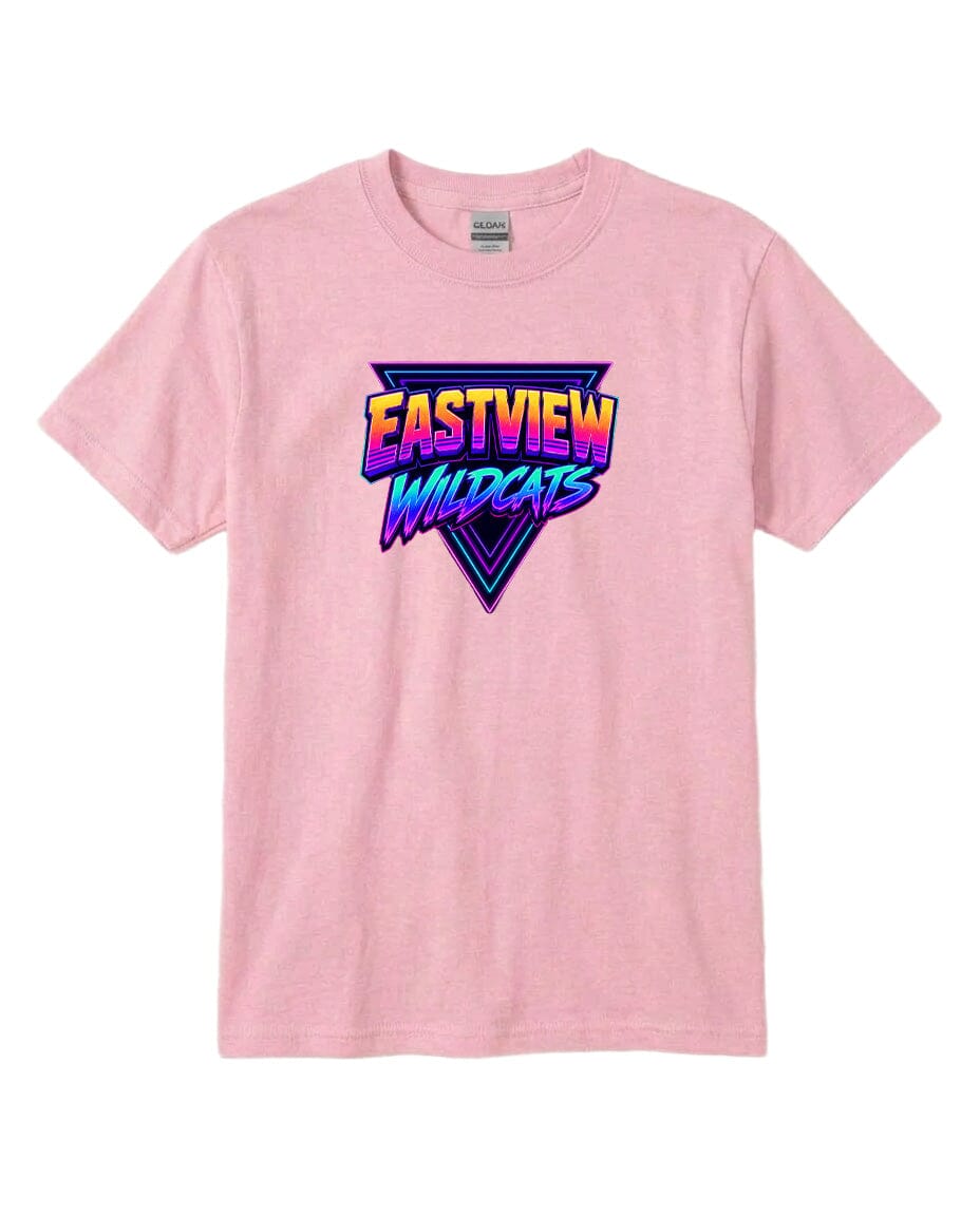 A pink t-shirt with a graphic design featuring the text "EASTVIEW WILDCATS" in a retro style.