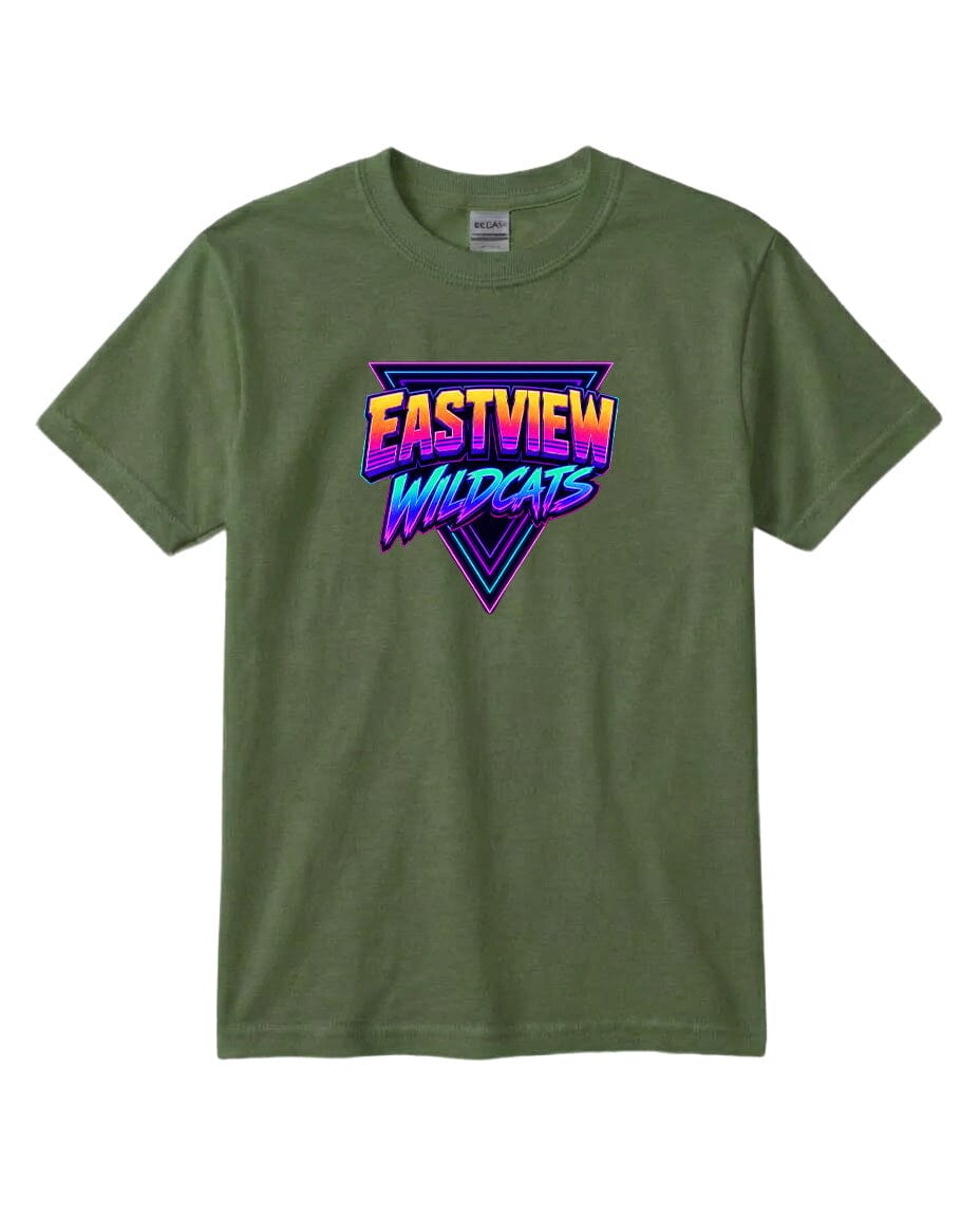 A green t-shirt with a graphic design featuring the text "EASTVIEW WILDCATS" in a colorful, retro-style font.