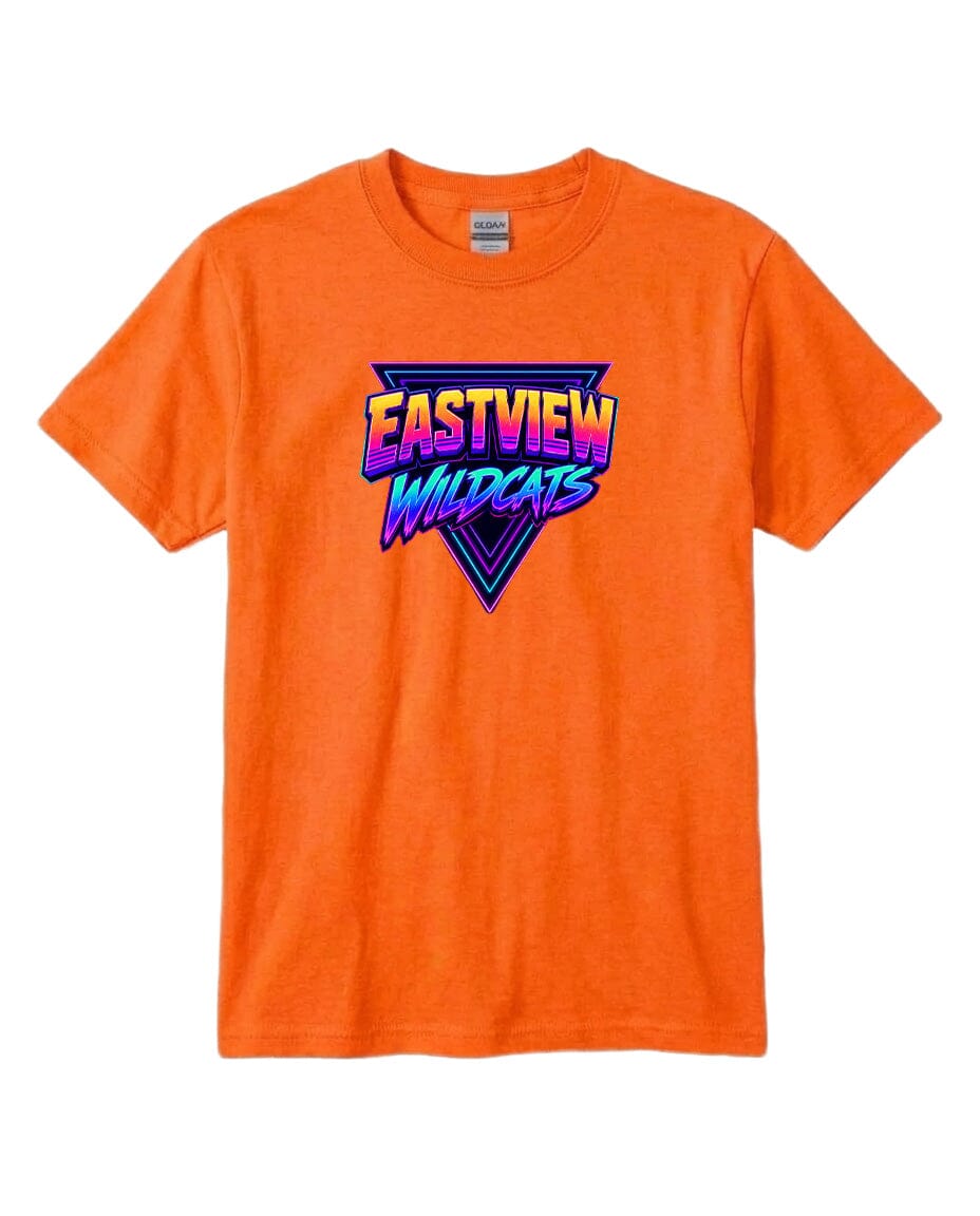 An orange t-shirt with a graphic design featuring the text "EASTVIEW WILDCATS" in a stylized font.