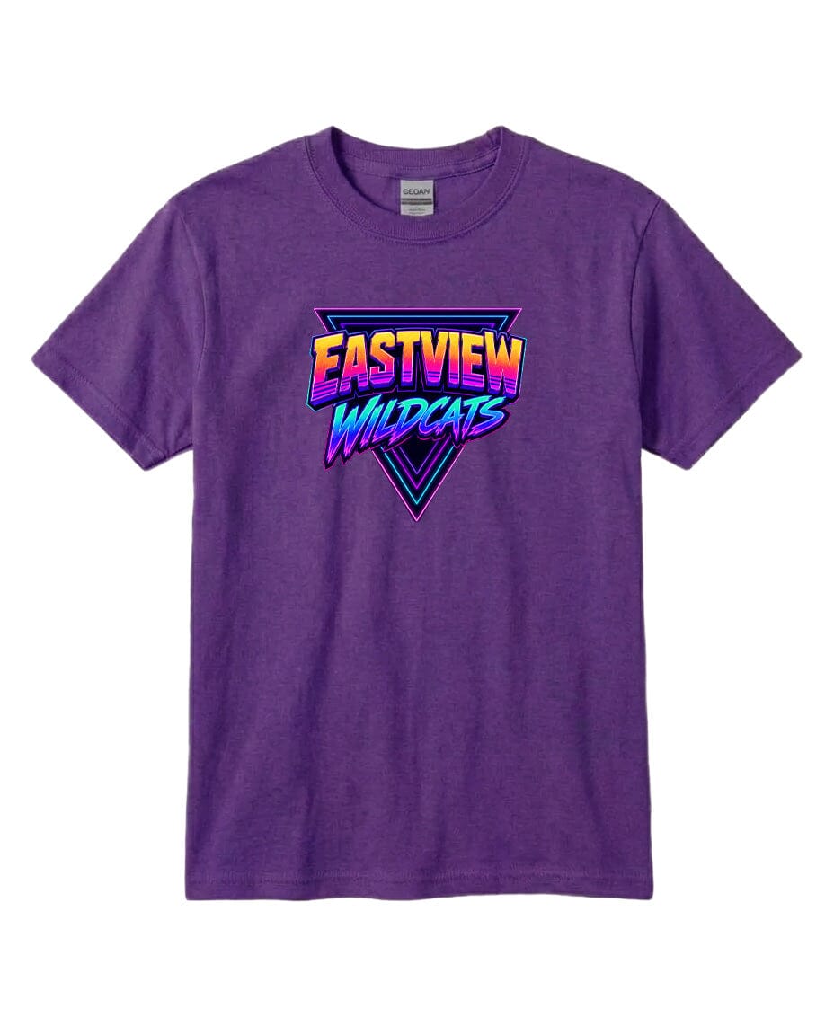 A purple t-shirt with a graphic design featuring the text "EASTVIEW WILDCATS" in a stylized font.