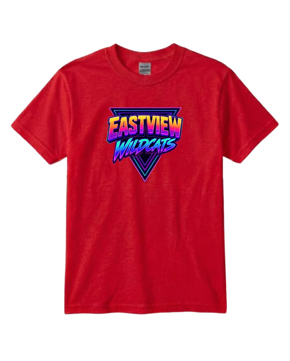 A red t-shirt with a graphic design featuring the text "EASTVIEW WILDCATS" in a stylized font.
