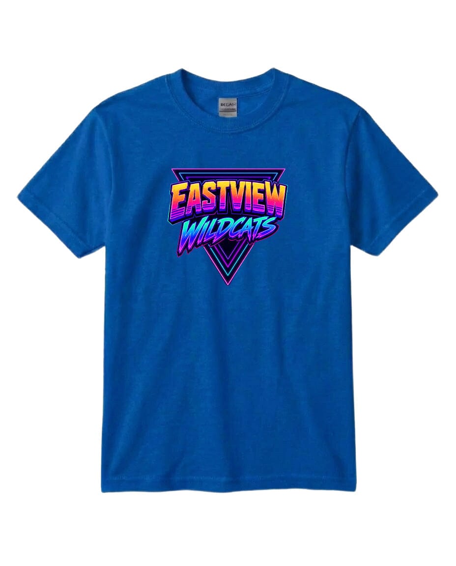 A blue t-shirt with a graphic design featuring the text "EASTVIEW WILDCATS" in a stylized font.