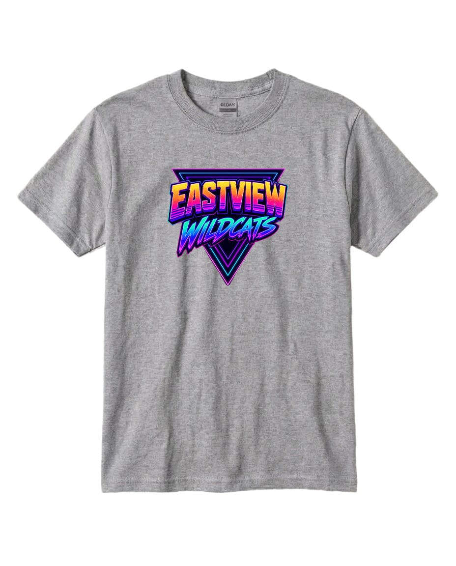 A gray t-shirt with a graphic design featuring the text "EASTVIEW WILDCATS" in a colorful, retro-style font.