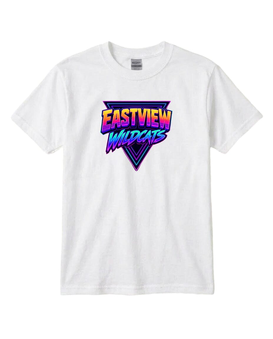 A white t-shirt with a graphic design featuring the text "EASTVIEW WILDCATS" in a colorful, retro-style font.