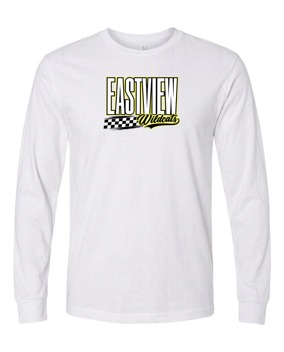 A white long-sleeved t-shirt with a graphic design on the front.