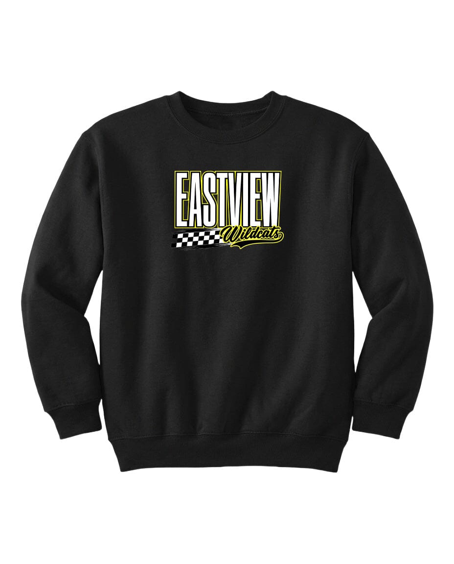 A black sweatshirt with a white and yellow logo on the front.
