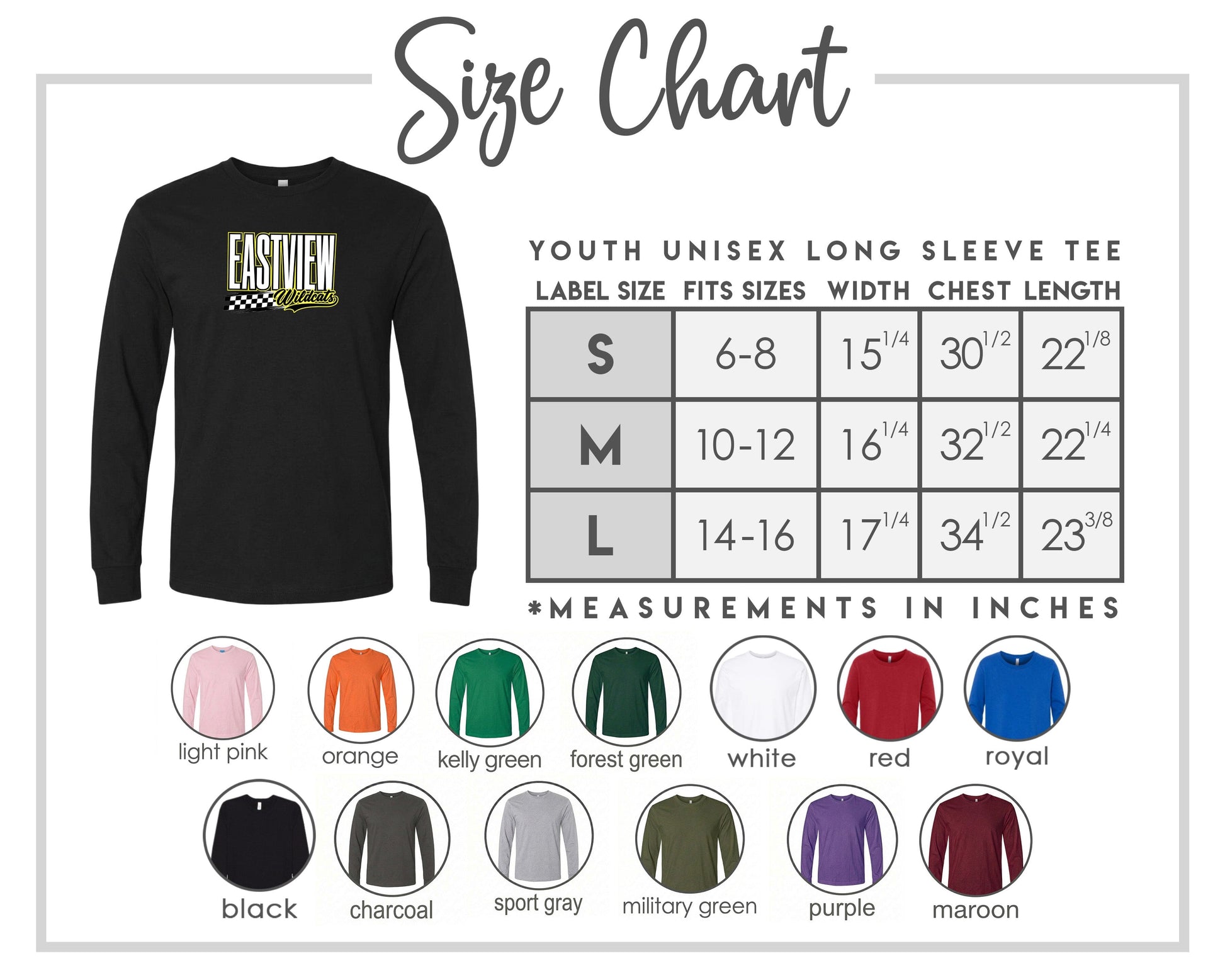 The image is a size chart for a youth unisex long sleeve tee, including various color options and corresponding measurements in inches.