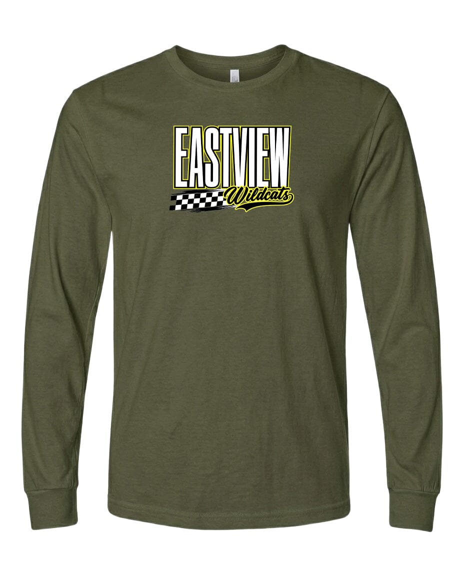 A long-sleeved olive green t-shirt with a graphic design on the front.