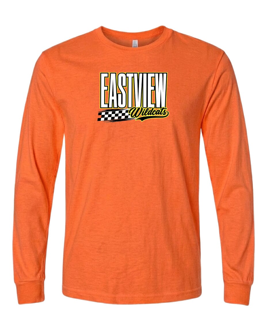 An orange long-sleeved t-shirt with a graphic design on the front.
