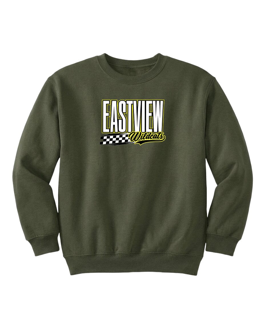 A dark green sweatshirt with a logo on the front.