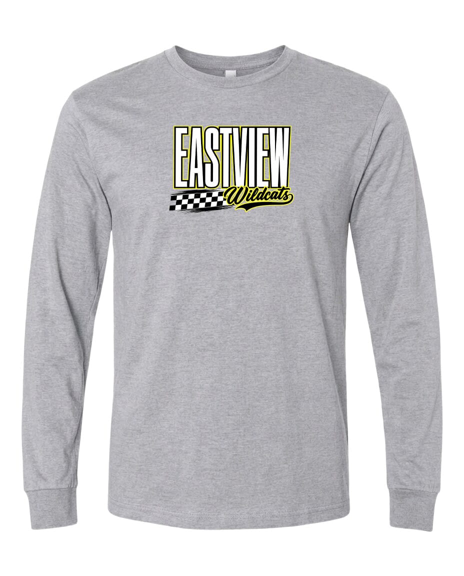 A gray long-sleeved t-shirt with a graphic design featuring the text "EASTVIEW Wildcats" in a bold, yellow font.