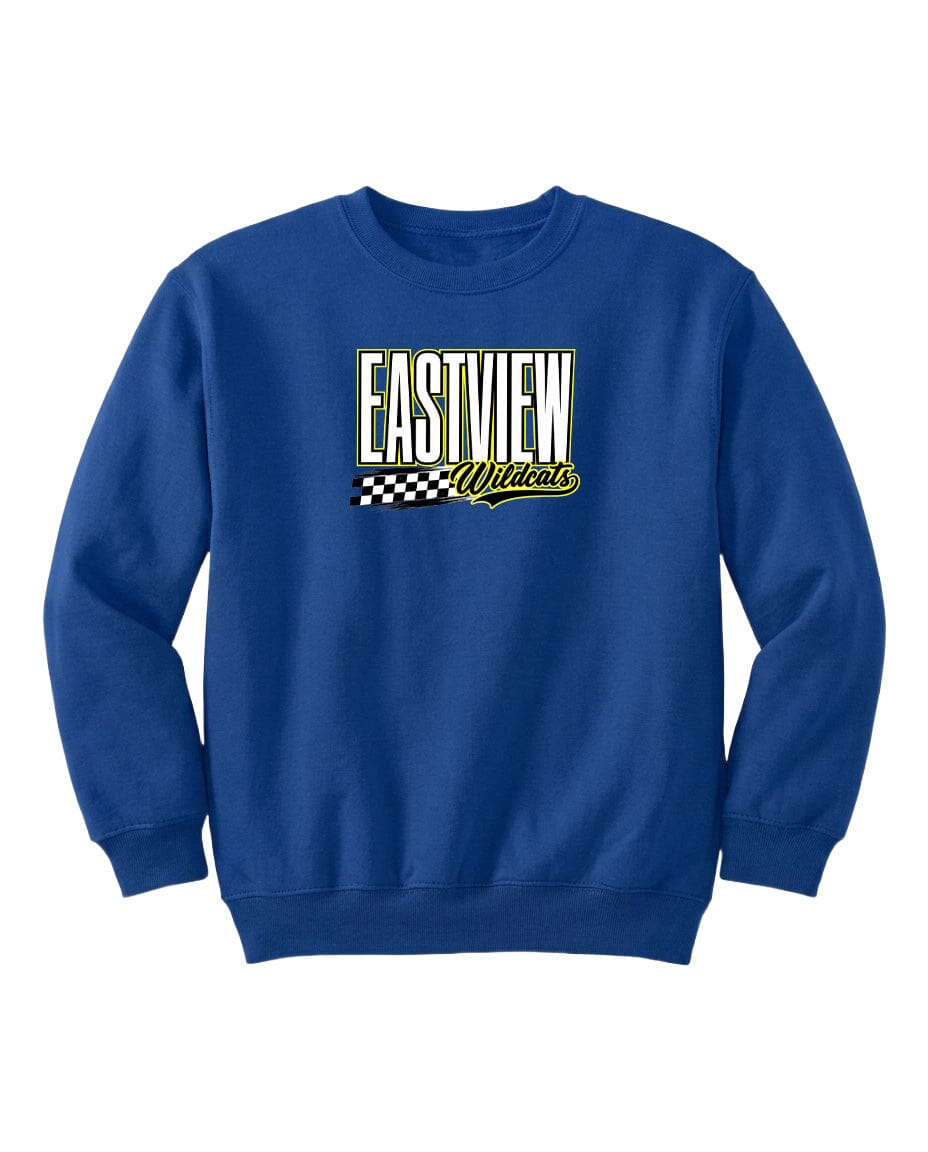 A blue sweatshirt with a logo on the front.