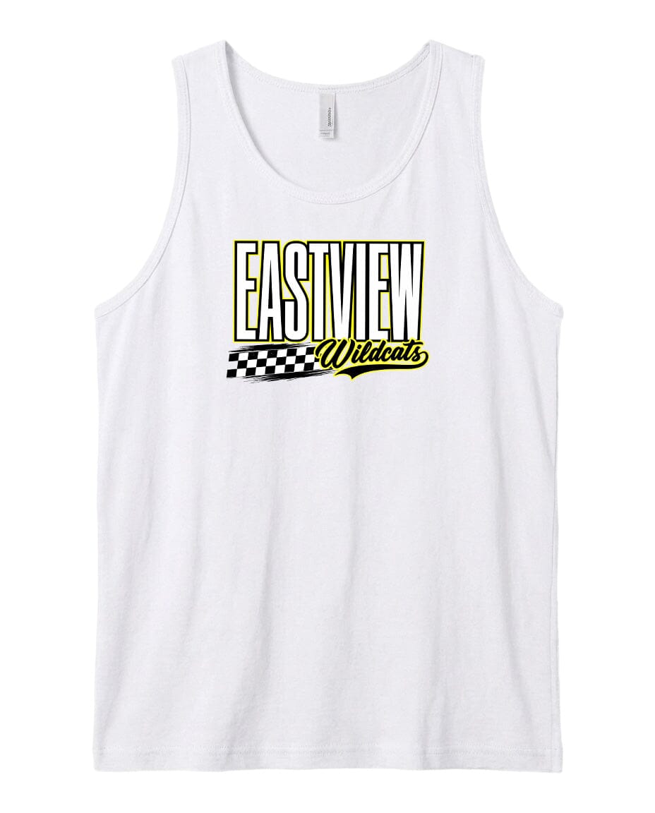 A white tank top with a graphic design featuring the text "EASTVIEW Wildcats" in a bold, yellow font.