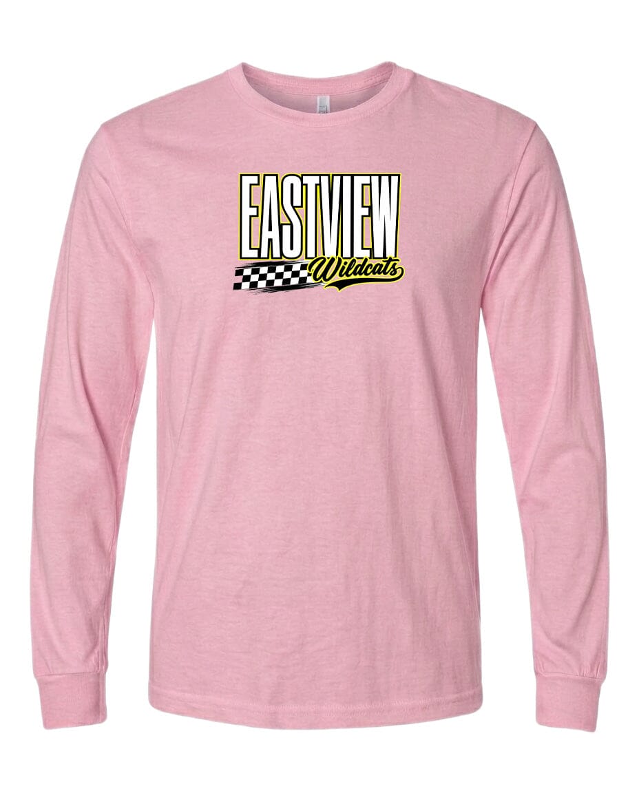 A pink long-sleeved t-shirt with a graphic design on the front.