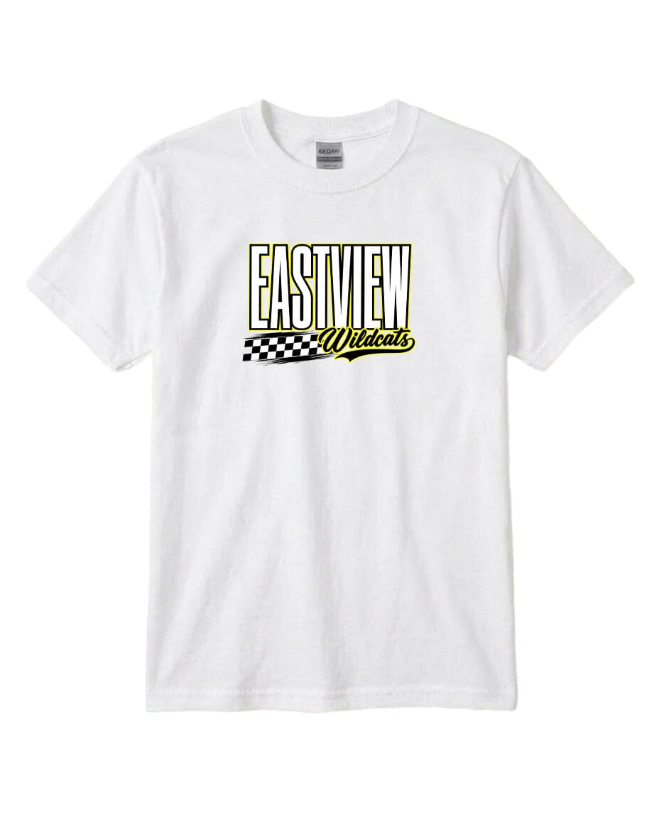 A white t-shirt with a graphic design featuring the text "EASTVIEW Wildcats" in a bold, yellow font.