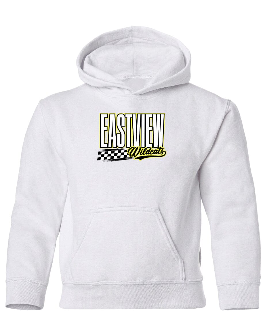 A white hoodie with a graphic design on the front.