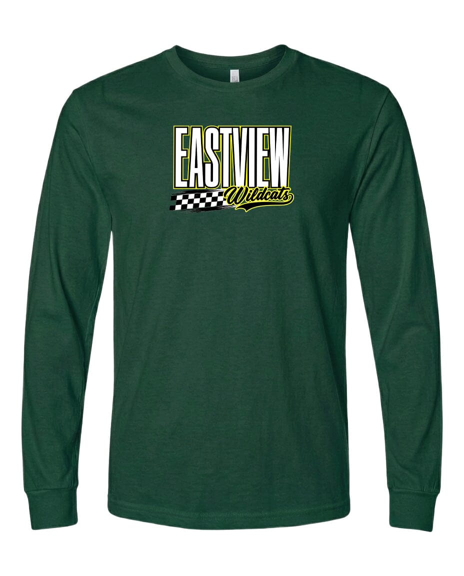 A dark green long-sleeved t-shirt with a graphic design on the front.