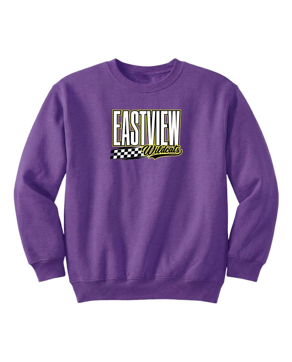 A purple sweatshirt with a logo on it.