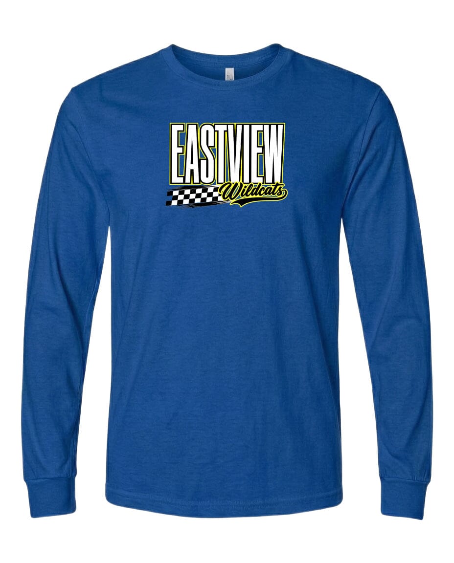 A blue long-sleeved t-shirt with a graphic design on the front.