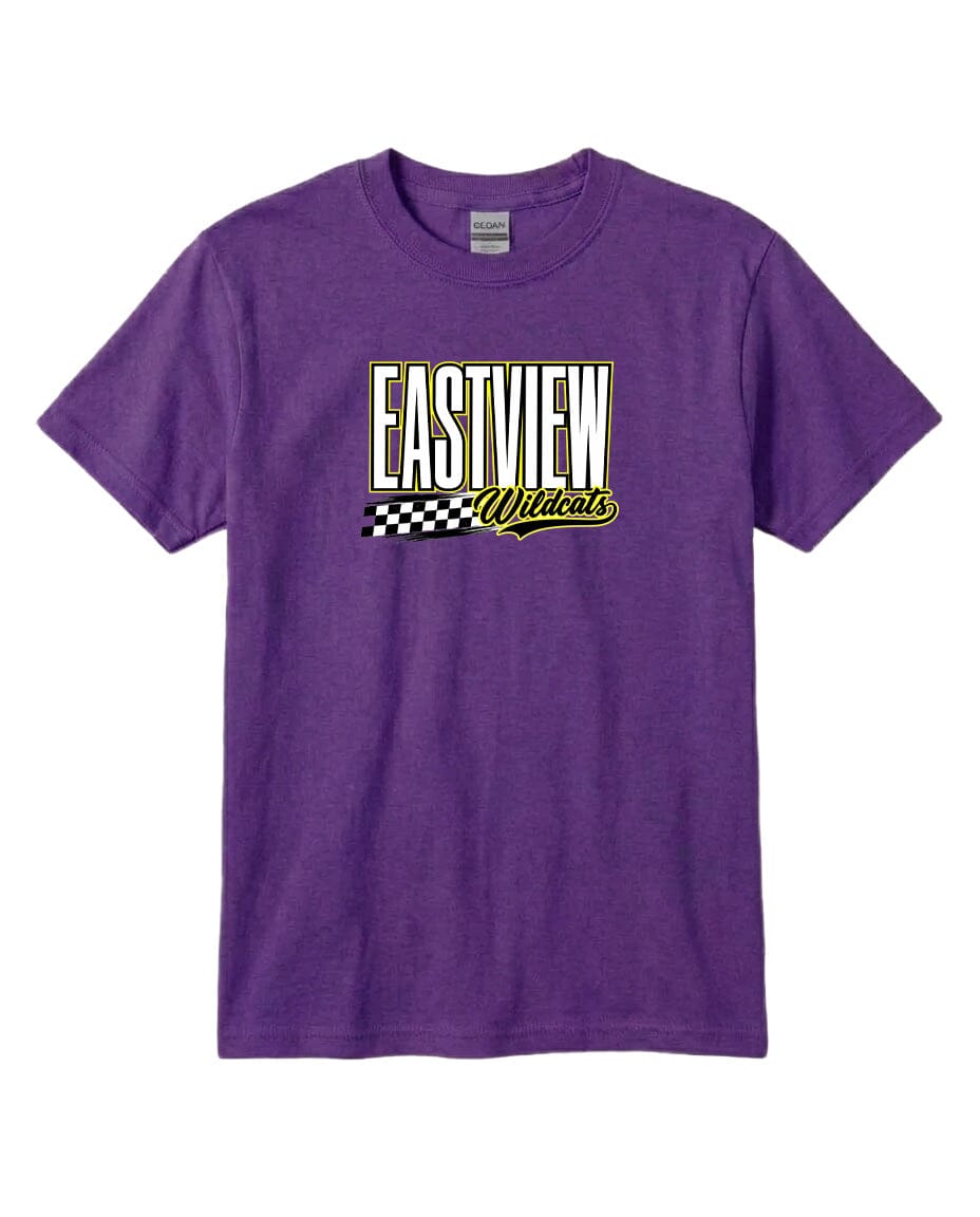 A purple t-shirt with a graphic design featuring the text "EASTVIEW Wildcats" in a checkered pattern.
