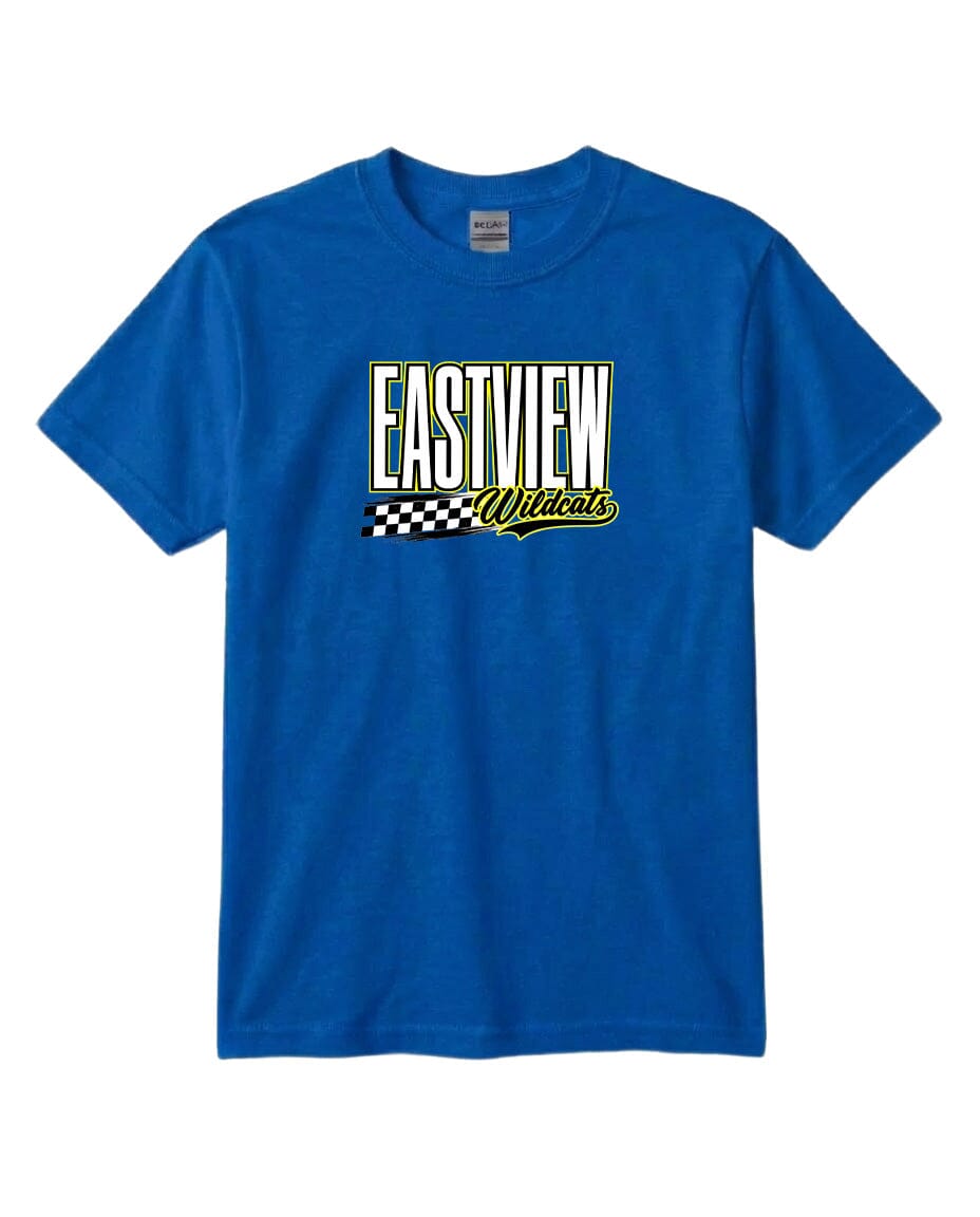 A blue t-shirt with a graphic design featuring the text "EASTVIEW Wildcats" printed on it.