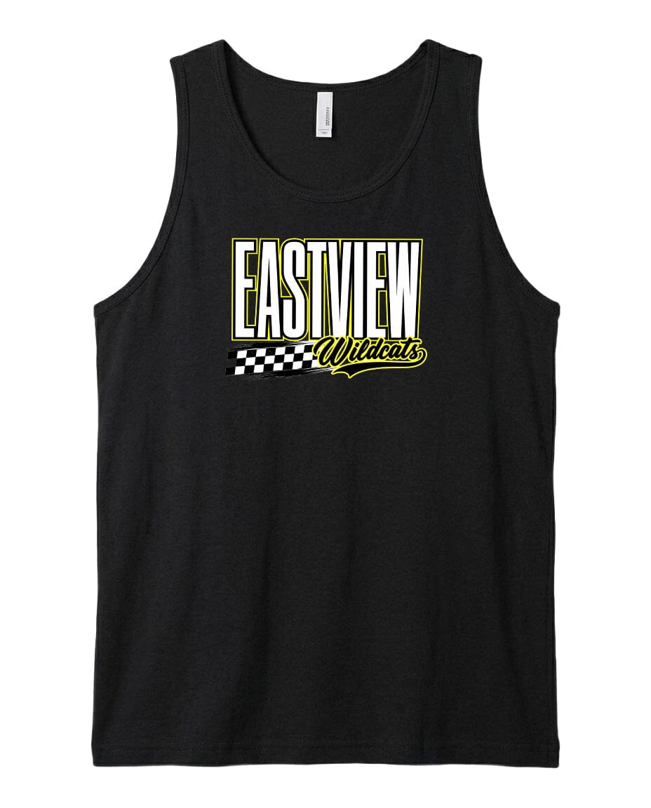 A black tank top with a white and yellow logo that says "EASTVIEW Wildcats".
